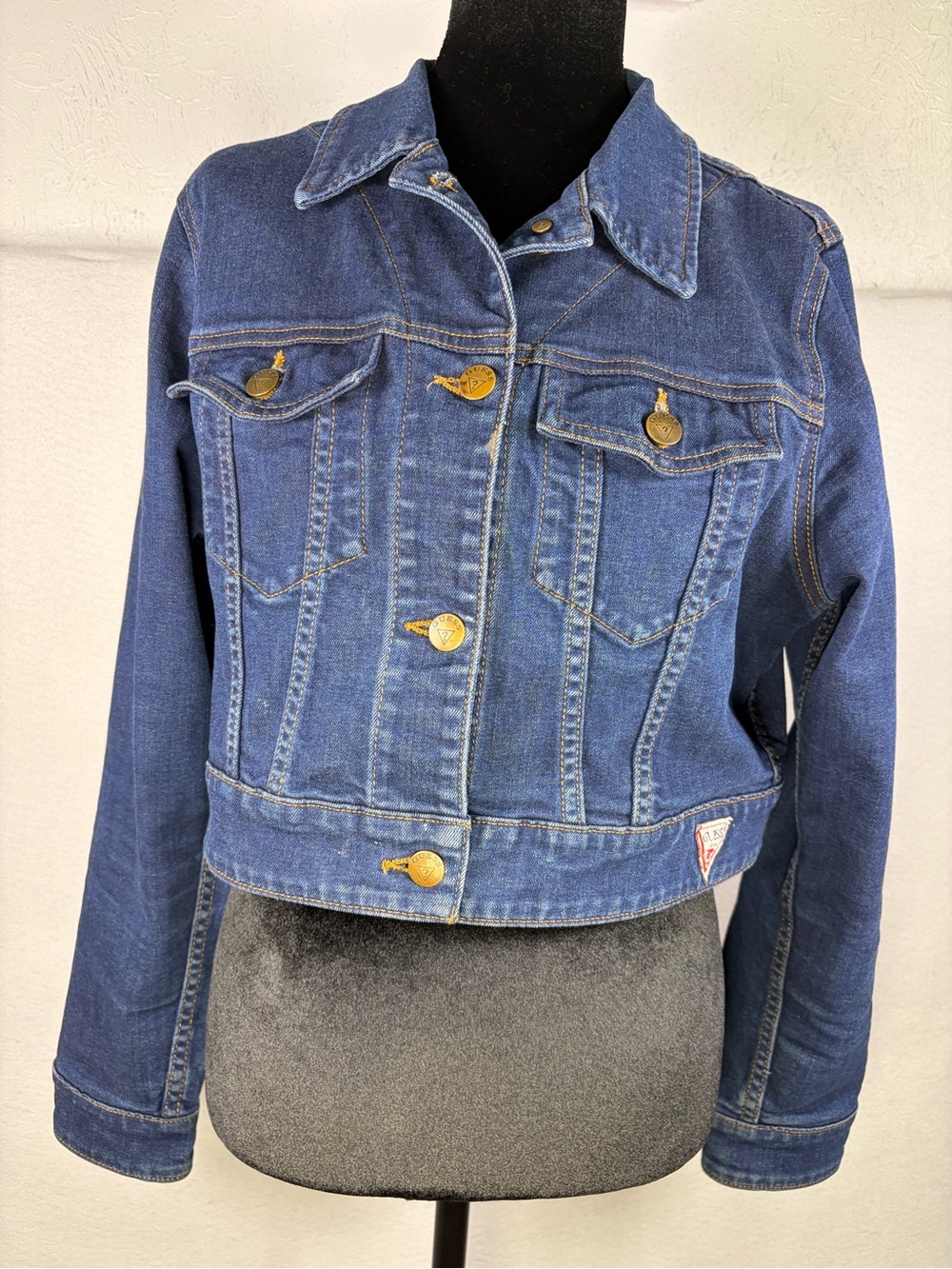 Guess Blue Cropped Denim Jacket with Gold Buttons